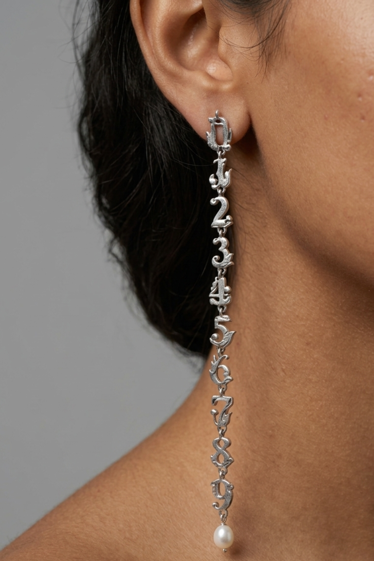 The Cipher Drop Earrings – Oxidized Silver 0-9 Number Sequence with Pearl Accent