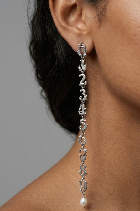The Cipher Drop Earrings – Oxidized Silver 0-9 Number Sequence with Pearl Accent