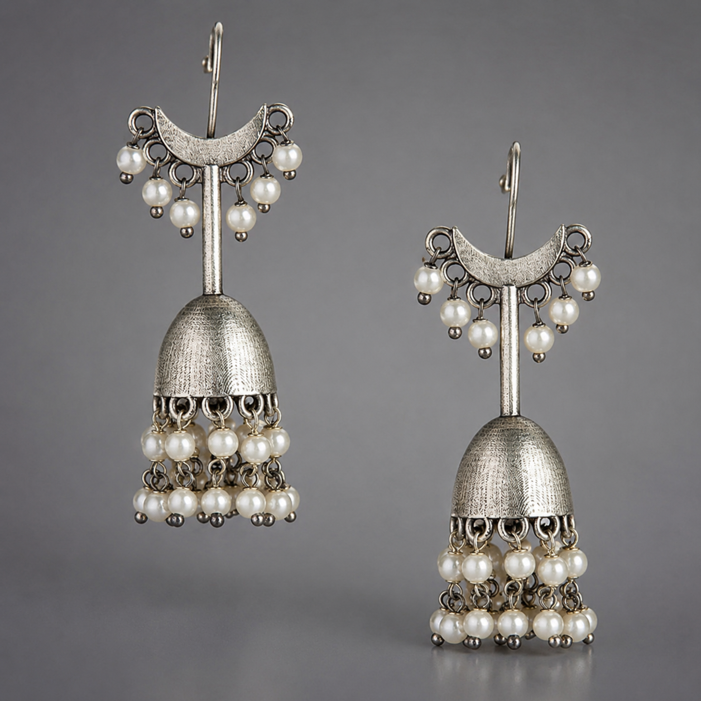 Chandni Oxidized Silver Jhumka Earrings with Pearl Droplets
