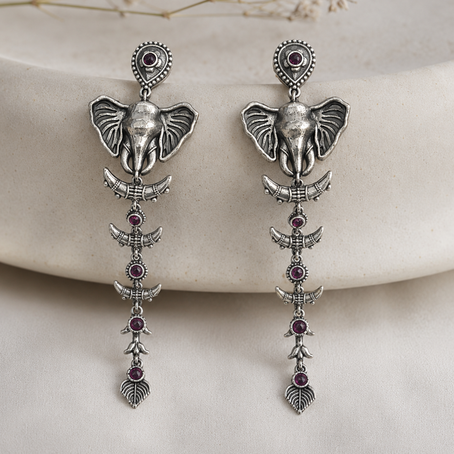 Vintage Oxidized Silver Elephant Dangle Earrings with Ruby-Red Stones – Tribal Boho Statement Long Drop Earrings