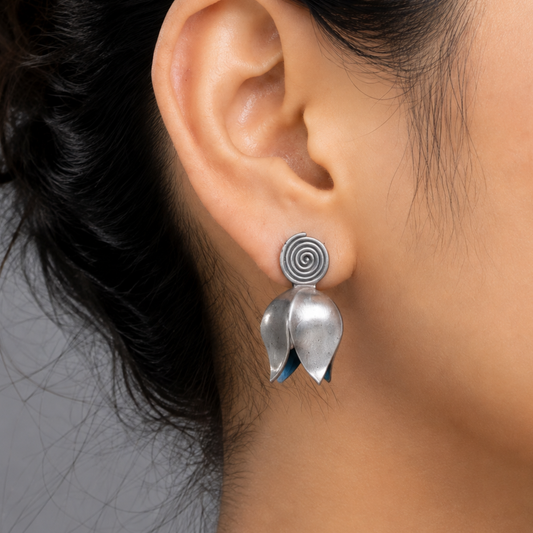 Oxidized Silver Spiral Tulip Stud Earrings | Handmade Floral Bud Earrings