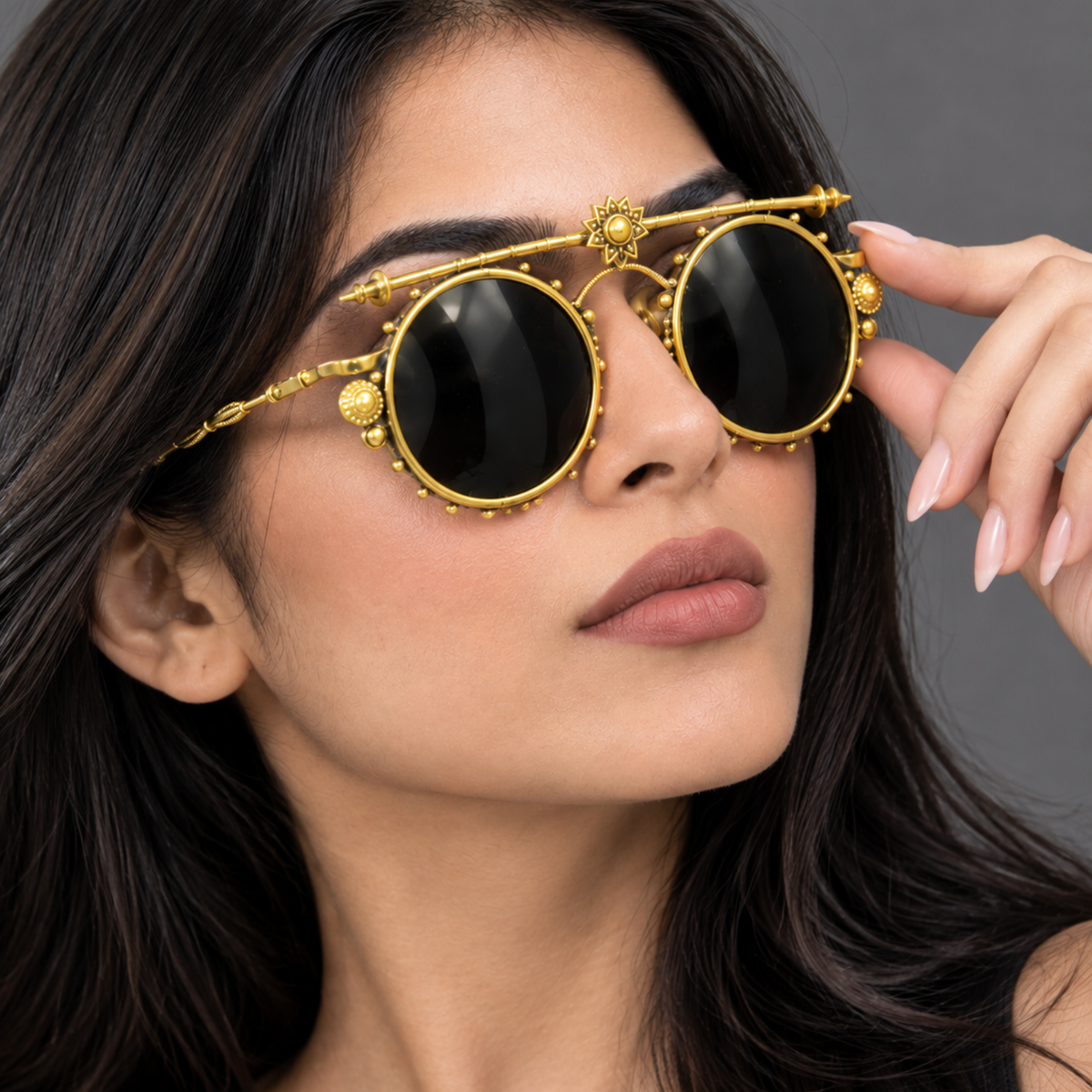 Antique Brass Vintage Round Sunglasses | Unisex Steampunk Statement Eyewear for Garba, Navratri & Durga Puja