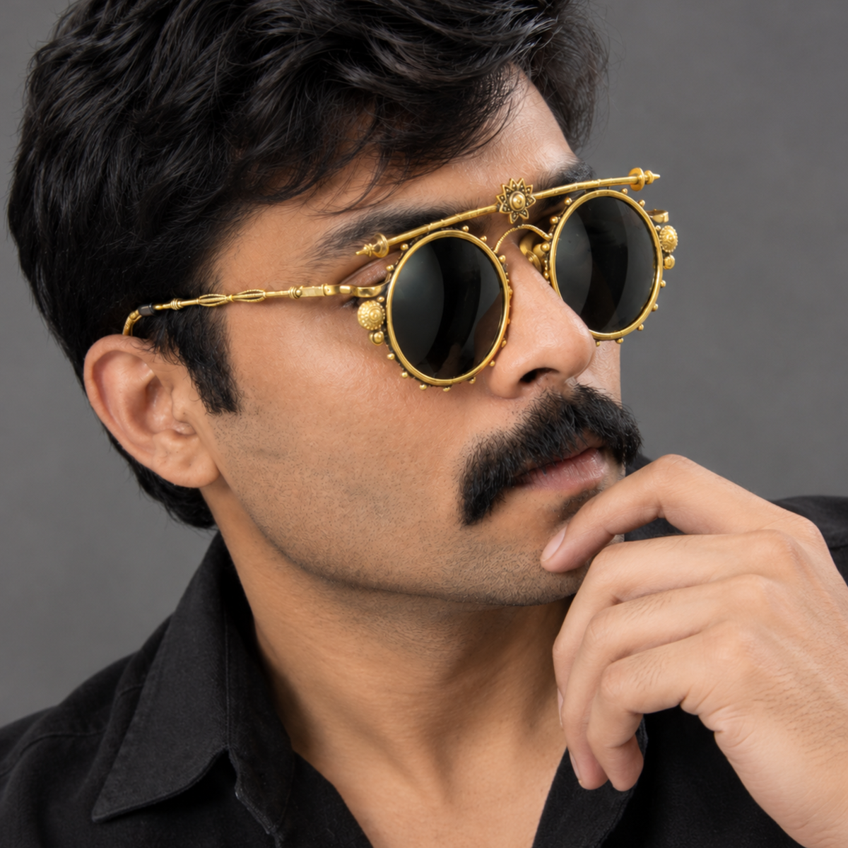Antique Brass Vintage Round Sunglasses | Unisex Steampunk Statement Eyewear for Garba, Navratri & Durga Puja