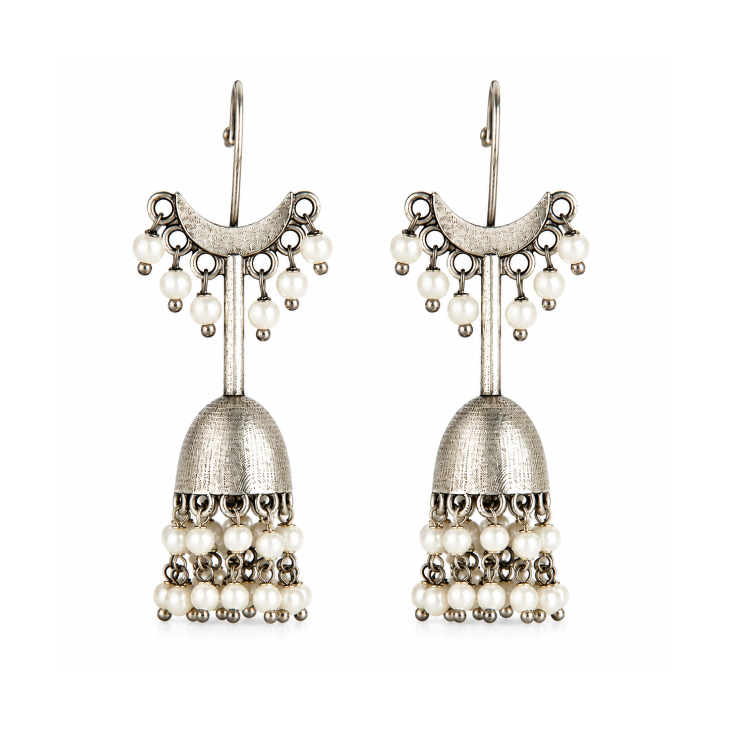 Chandni Oxidized Silver Jhumka Earrings with Pearl Droplets