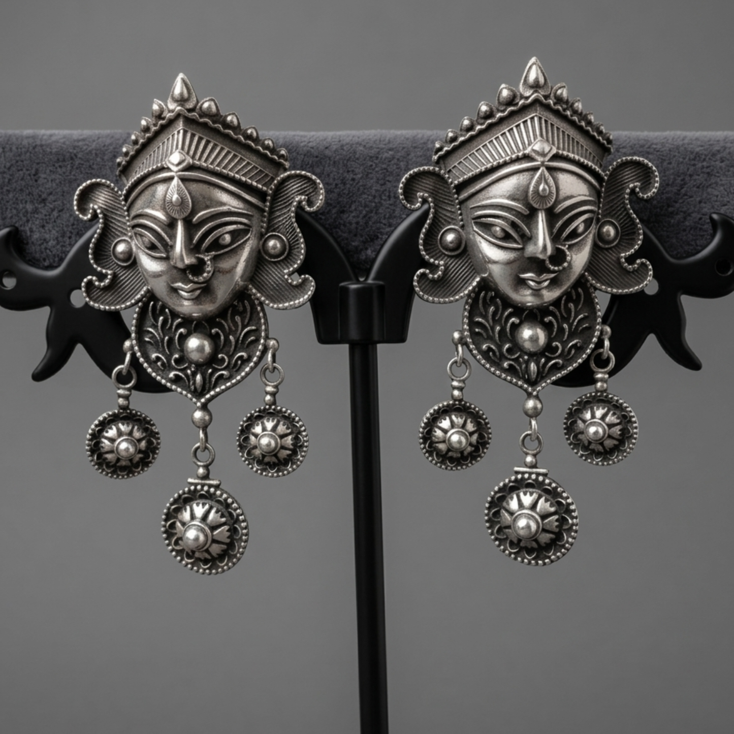 Ma Durga Oxidized Silver Statement Earrings – Handcrafted Divinity