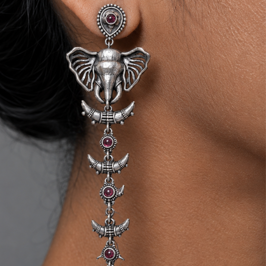 Vintage Oxidized Silver Elephant Dangle Earrings with Ruby-Red Stones – Tribal Boho Statement Long Drop Earrings