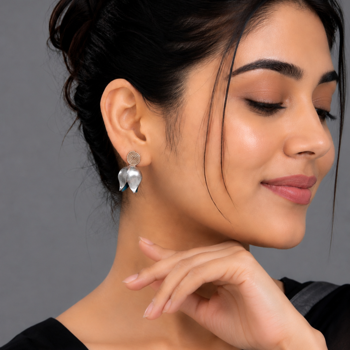 Oxidized Silver Spiral Tulip Stud Earrings | Handmade Floral Bud Earrings