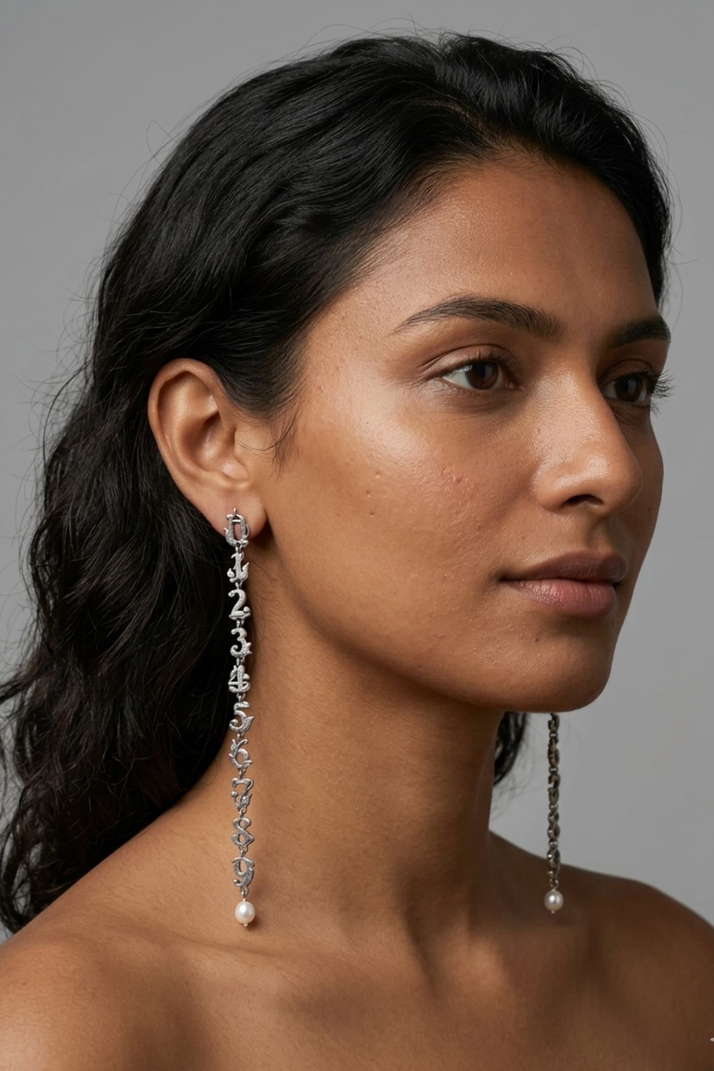 The Cipher Drop Earrings – Oxidized Silver 0-9 Number Sequence with Pearl Accent