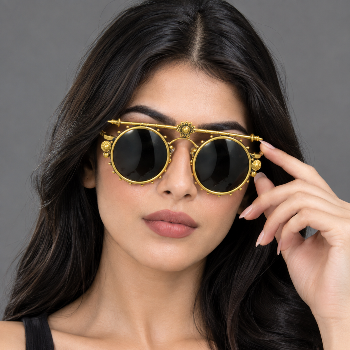 Antique Brass Vintage Round Sunglasses | Unisex Steampunk Statement Eyewear for Garba, Navratri & Durga Puja