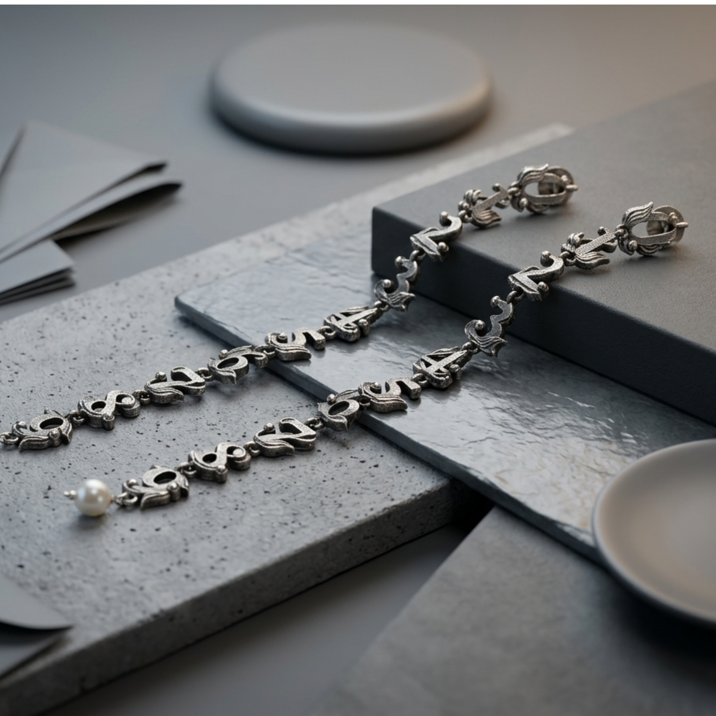 The Cipher Drop Earrings – Oxidized Silver 0-9 Number Sequence with Pearl Accent