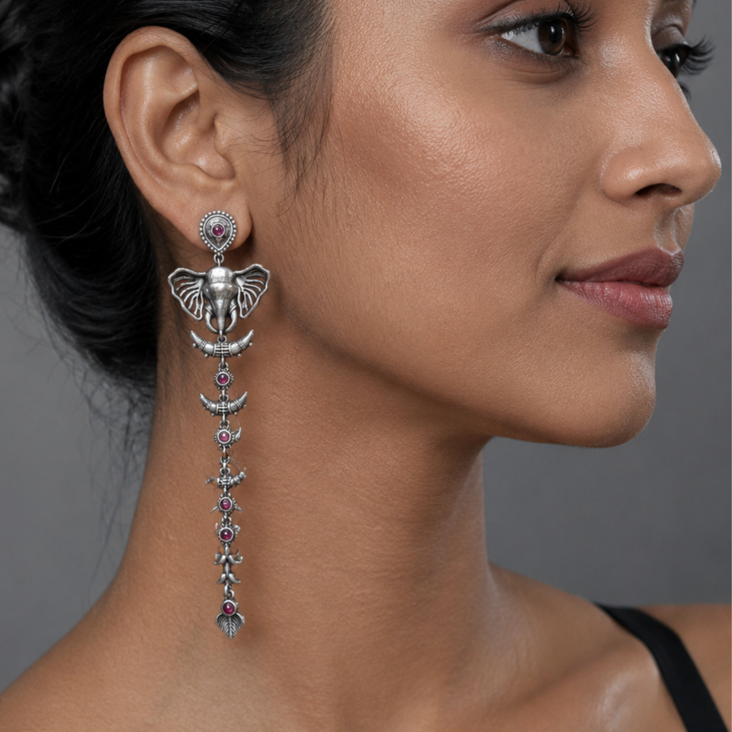 Vintage Oxidized Silver Elephant Dangle Earrings with Ruby-Red Stones – Tribal Boho Statement Long Drop Earrings