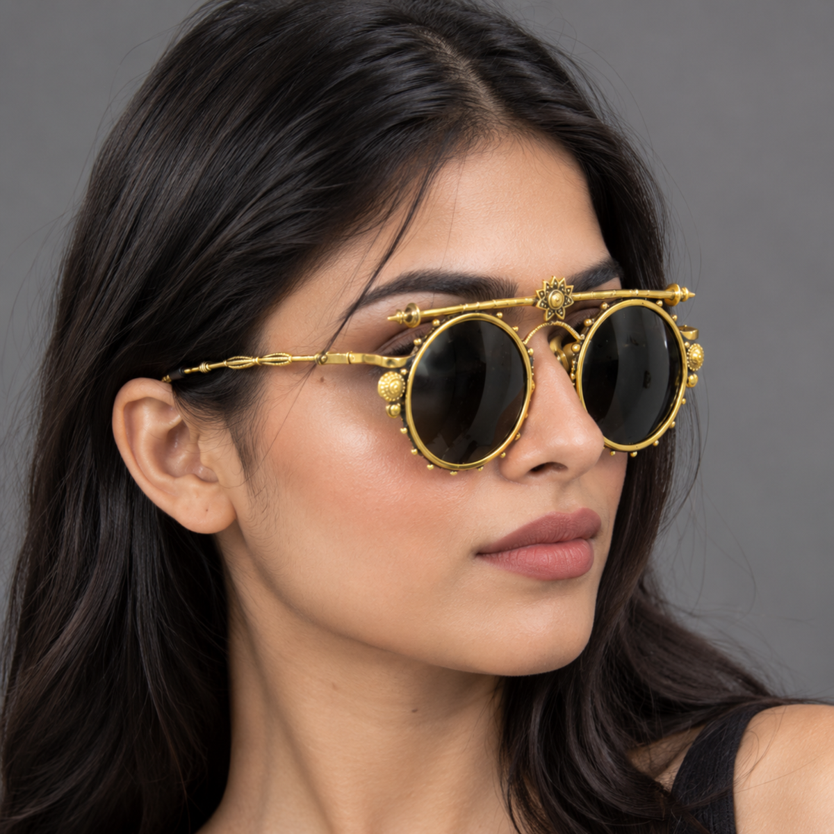 Antique Brass Vintage Round Sunglasses | Unisex Steampunk Statement Eyewear for Garba, Navratri & Durga Puja