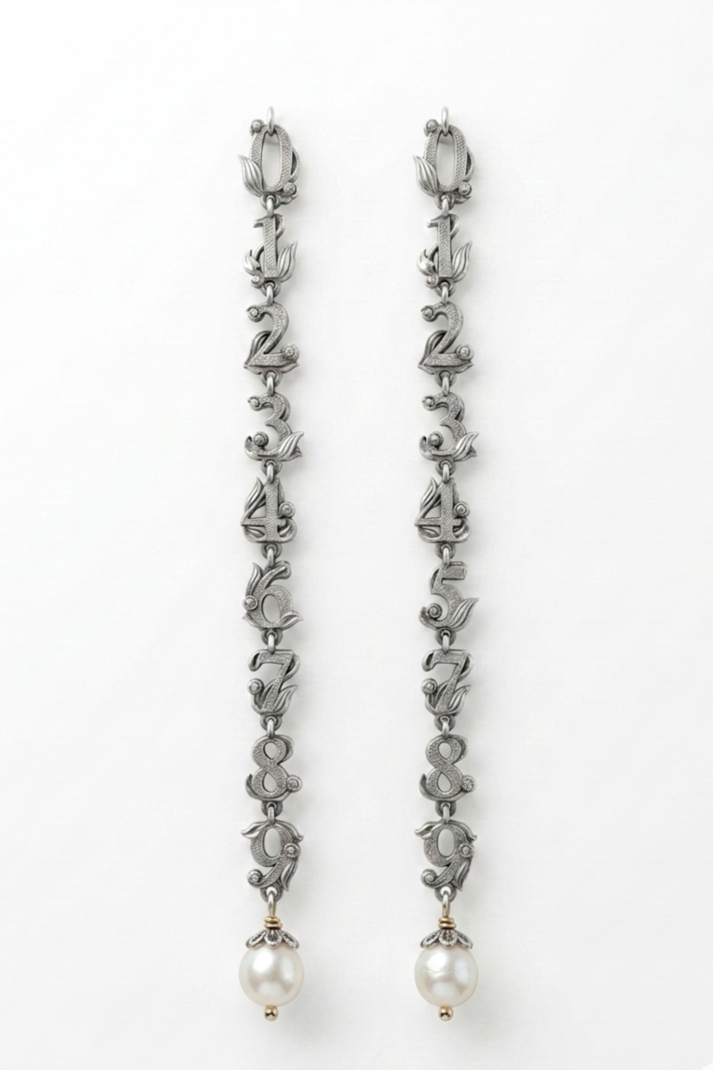 The Cipher Drop Earrings – Oxidized Silver 0-9 Number Sequence with Pearl Accent