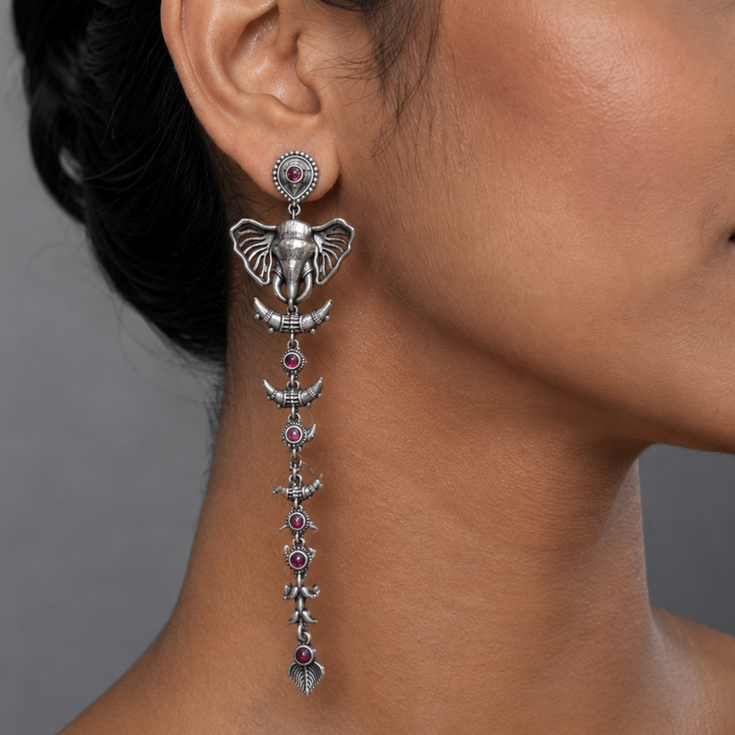 Vintage Oxidized Silver Elephant Dangle Earrings with Ruby-Red Stones – Tribal Boho Statement Long Drop Earrings