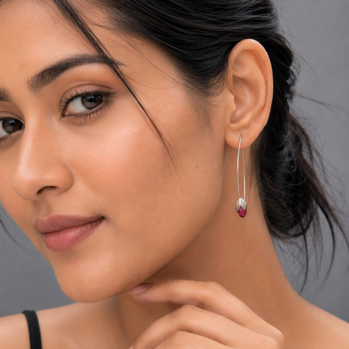Silver Tulip Wire Drop Earrings with Ruby Red Crystal | Botanical Dangle Earrings