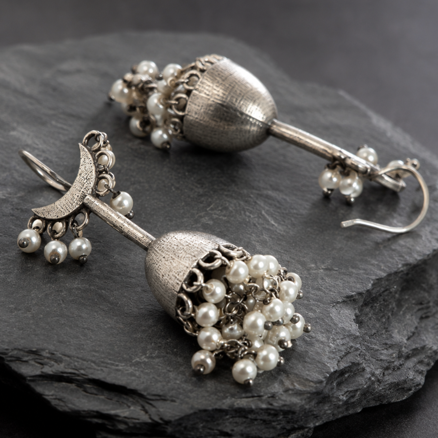 Chandni Oxidized Silver Jhumka Earrings with Pearl Droplets