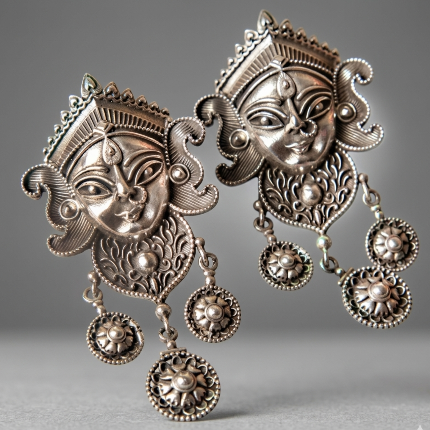 Ma Durga Oxidized Silver Statement Earrings – Handcrafted Divinity