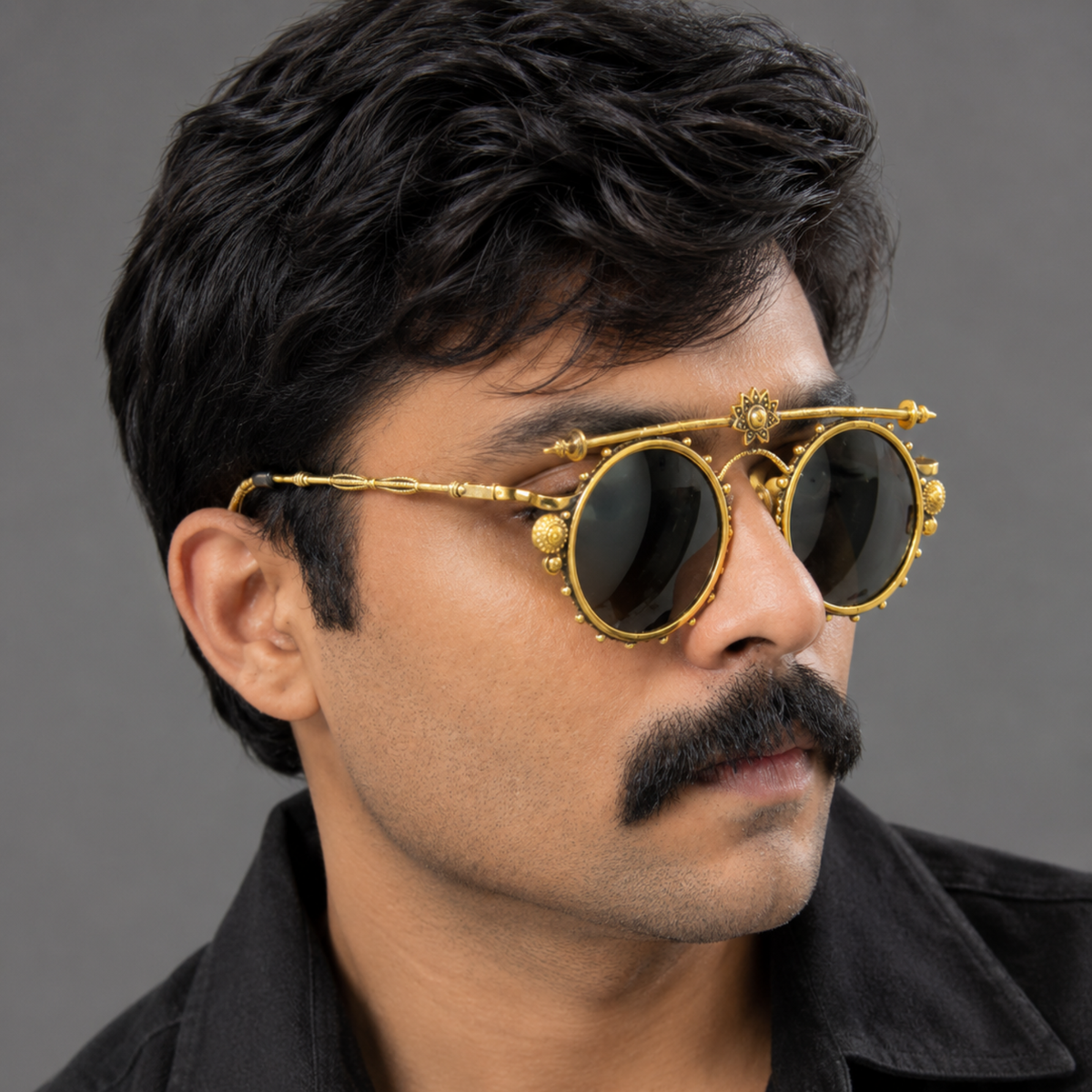 Antique Brass Vintage Round Sunglasses | Unisex Steampunk Statement Eyewear for Garba, Navratri & Durga Puja