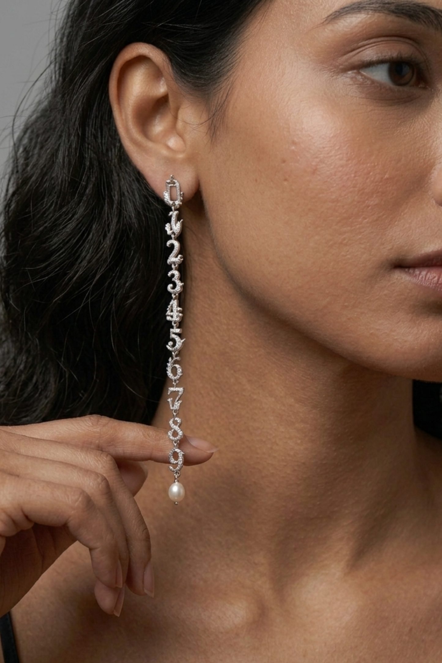 The Cipher Drop Earrings – Oxidized Silver 0-9 Number Sequence with Pearl Accent
