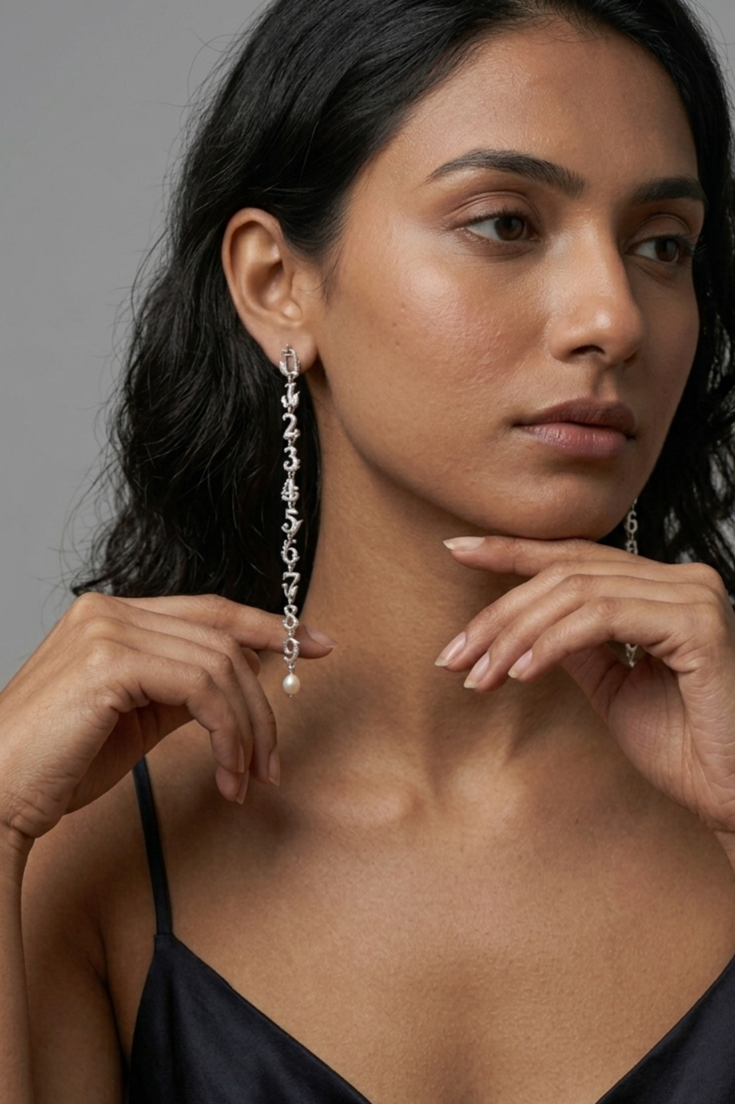 The Cipher Drop Earrings – Oxidized Silver 0-9 Number Sequence with Pearl Accent
