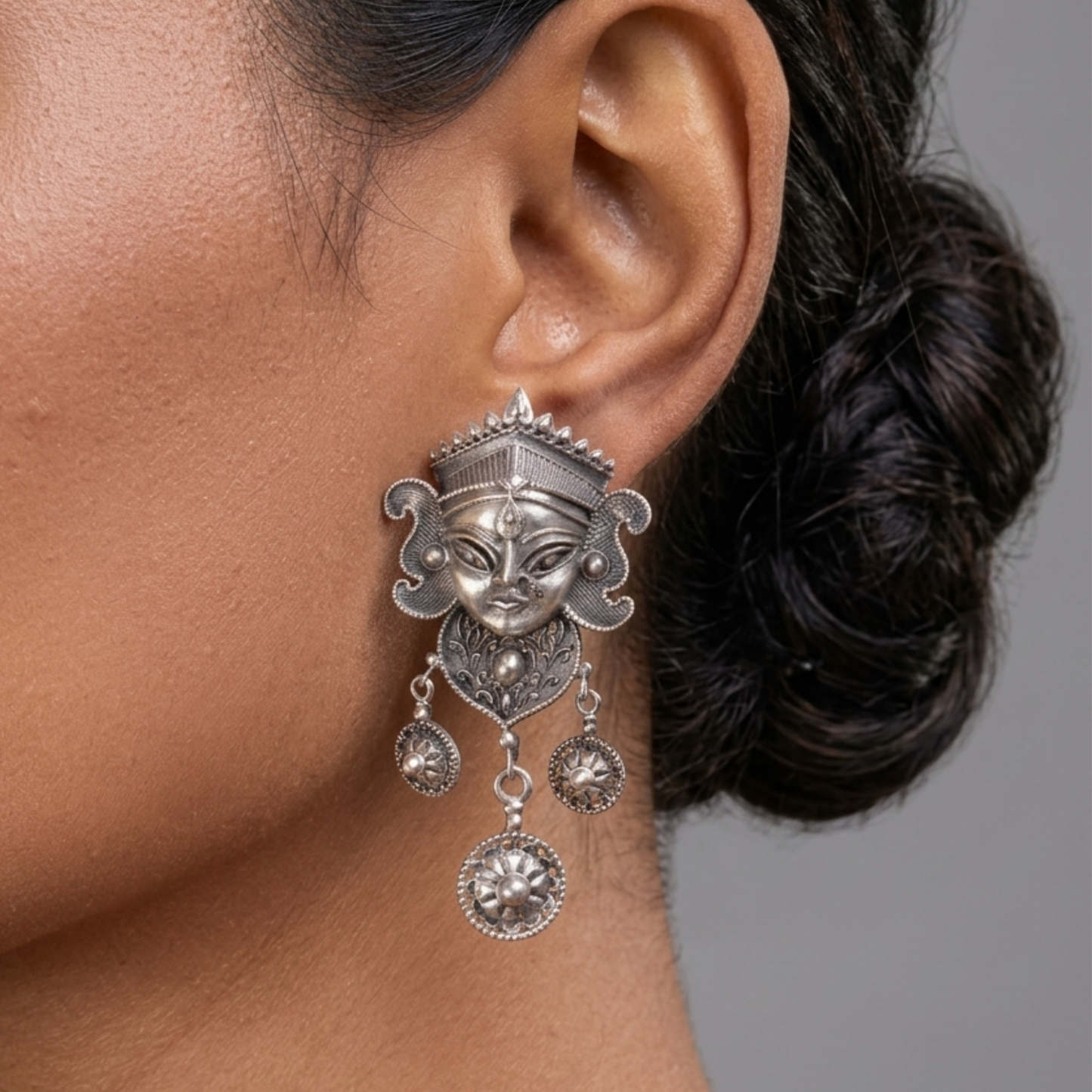Ma Durga Oxidized Silver Statement Earrings – Handcrafted Divinity
