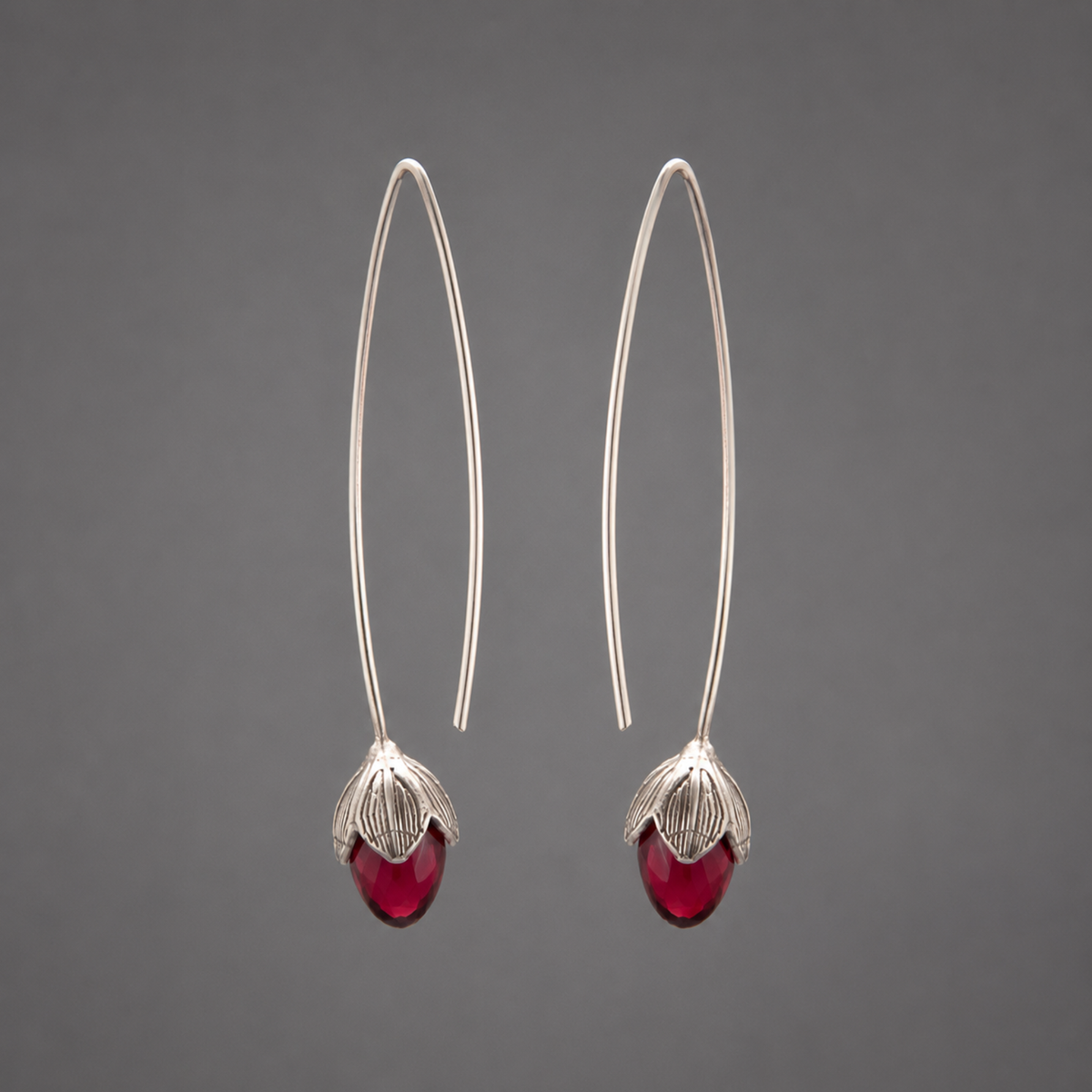 Silver Tulip Wire Drop Earrings with Ruby Red Crystal | Botanical Dangle Earrings