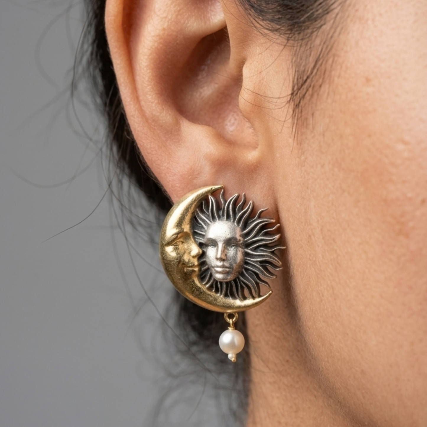 Celestial Sun and Moon Pearl Drop Earrings | Two-Tone Vintage Boho Jewelry