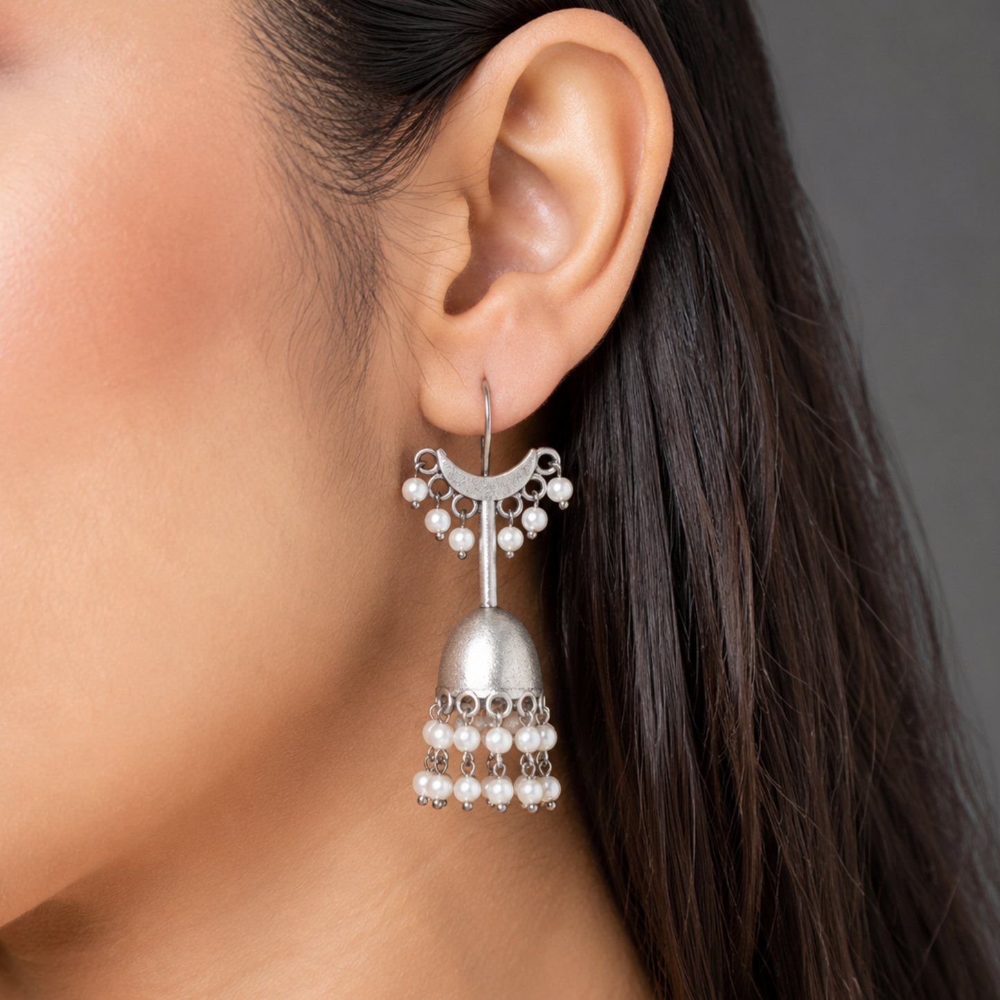 Chandni Oxidized Silver Jhumka Earrings with Pearl Droplets