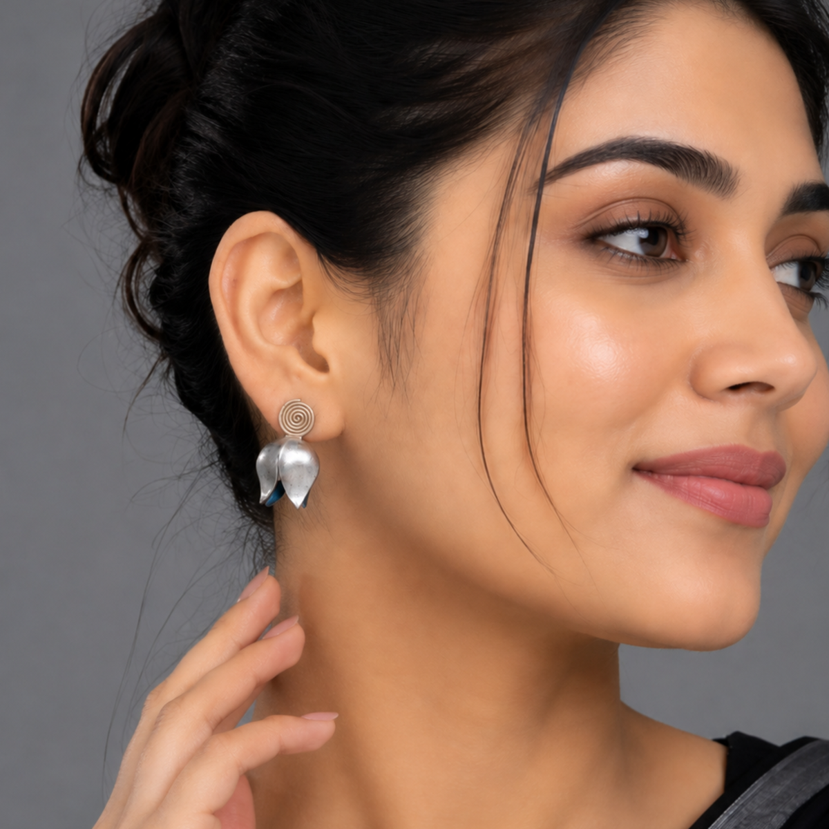 Oxidized Silver Spiral Tulip Stud Earrings | Handmade Floral Bud Earrings