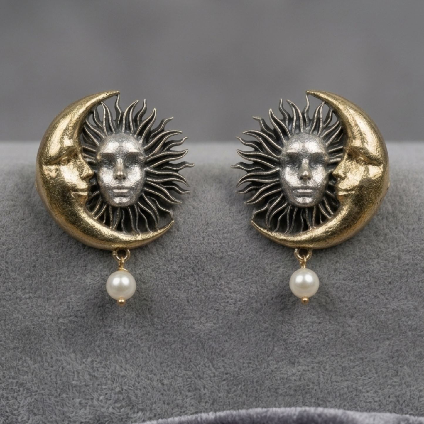 Celestial Sun and Moon Pearl Drop Earrings | Two-Tone Vintage Boho Jewelry