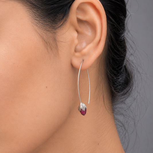 Silver Tulip Wire Drop Earrings with Ruby Red Crystal | Botanical Dangle Earrings