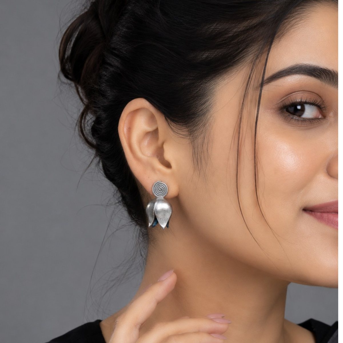 Oxidized Silver Spiral Tulip Stud Earrings | Handmade Floral Bud Earrings