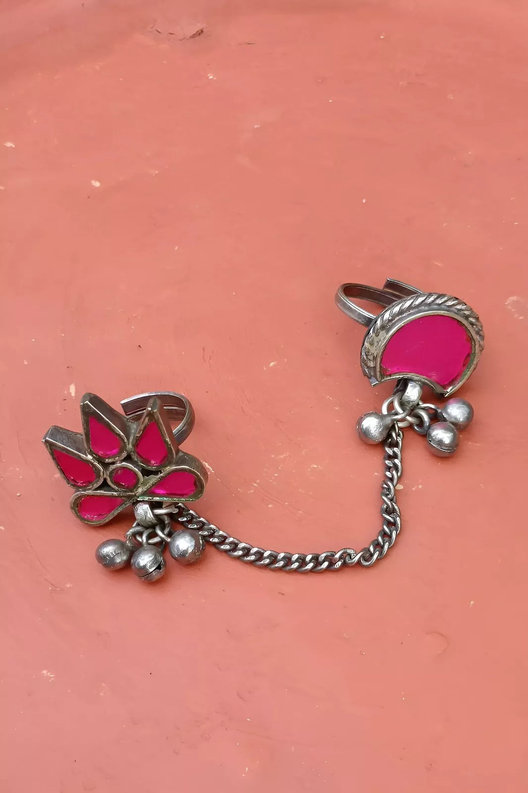 Afghani Mirror Glass Pink Double Finger Rings