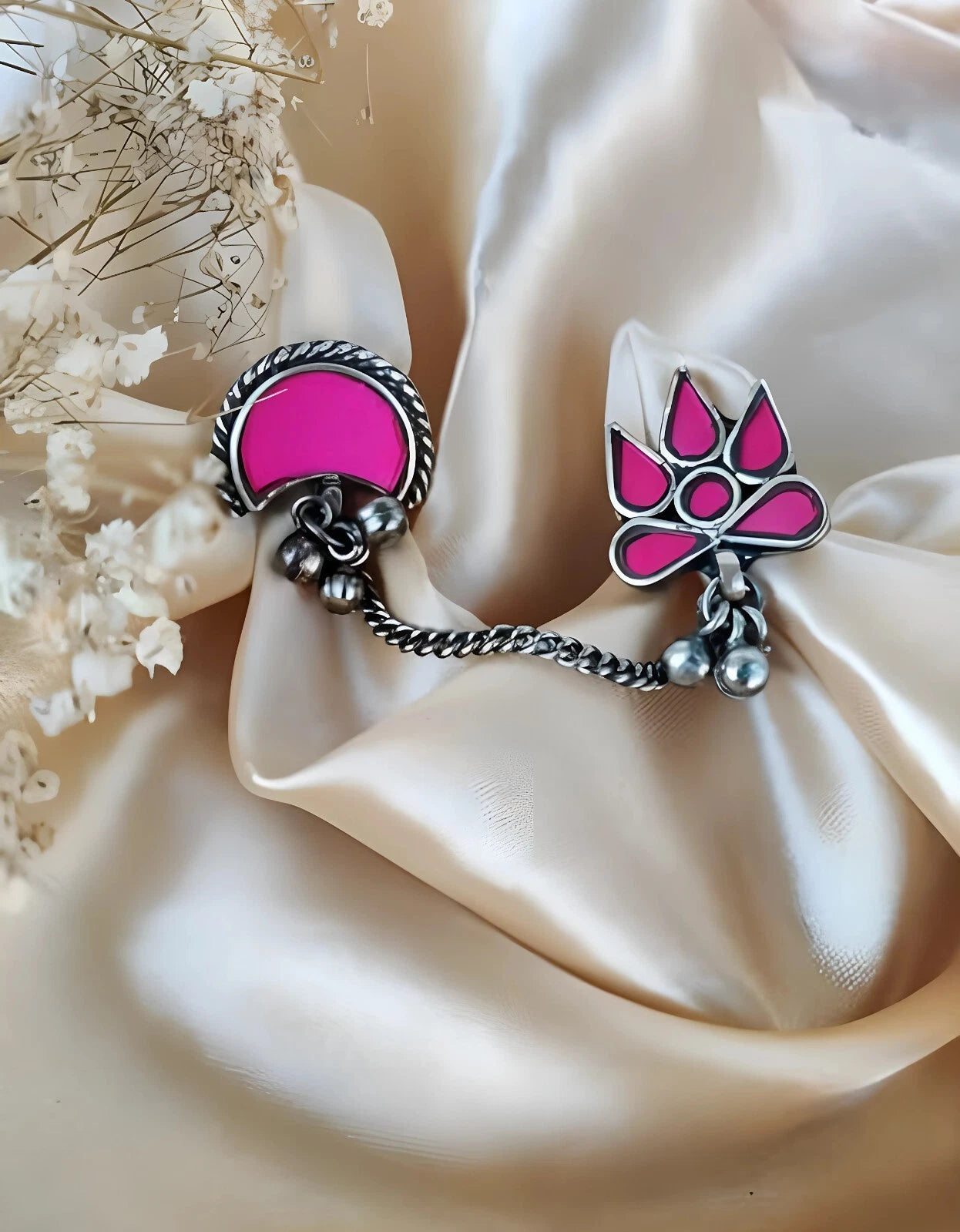 Afghani Mirror Glass Pink Double Finger Rings