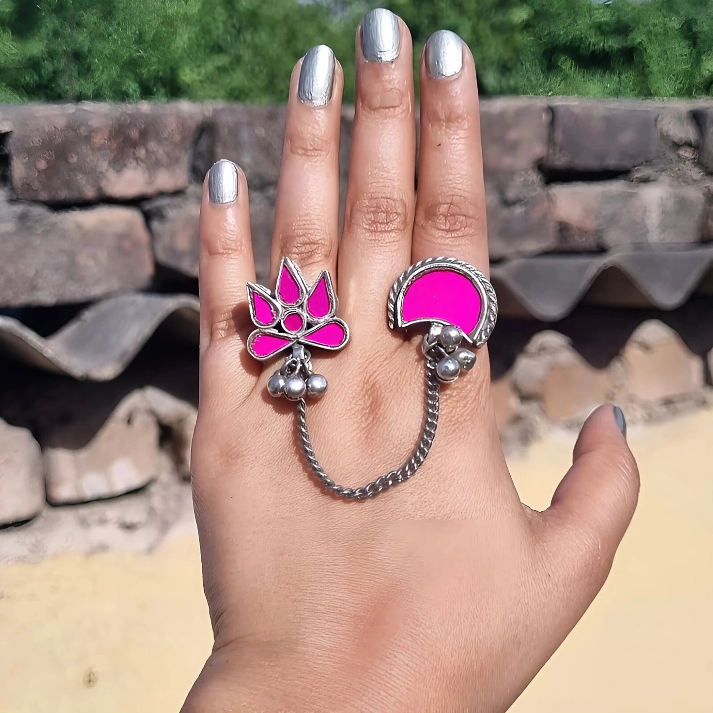 Afghani Mirror Glass Pink Double Finger Rings